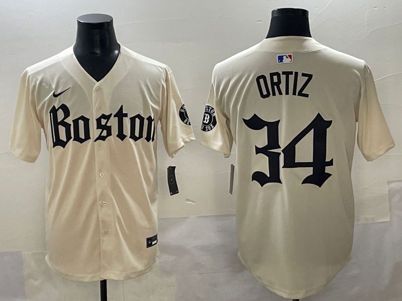 Men 2025 Boston Red Sox #34 Ortiz Cream Five generations Joint Name Nike MLB Jersey style 1
